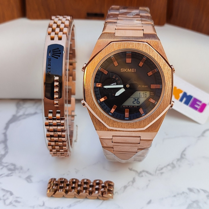 ست ساعت و انگشتر مردانه استیل رزگلد