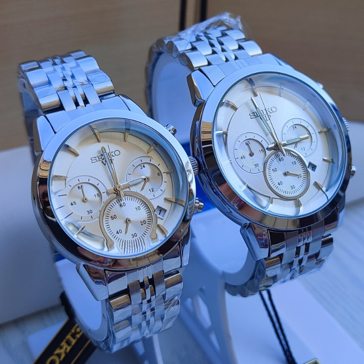 خرید ست ساعت نقره ای زنانه مردانه سه موتور