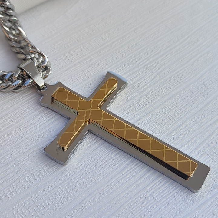 خرید گردنبند مردانه صلیب نقره ای رنگ ثابت استیل