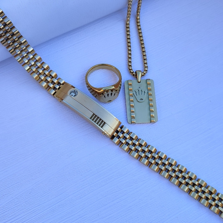 خرید ست گردنبند و دستبند مردانه طلایی استیل رنگ ثابت
