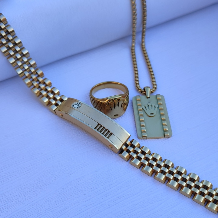 خرید ست گردنبند و انگشتر مردانه طلایی رنگ ثابت رولکس