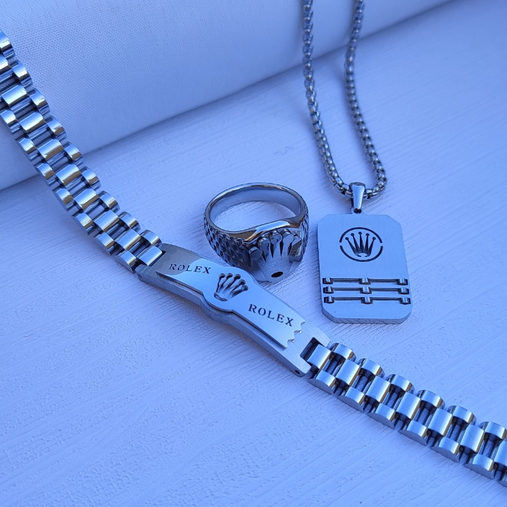 خرید ست گردنبند و دستبند مردانه رولکس نقره ای