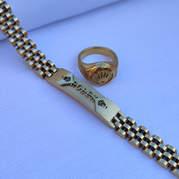 خرید ست دستبند و انگشتر مردانه طلایی رولکس رنگ ثابت