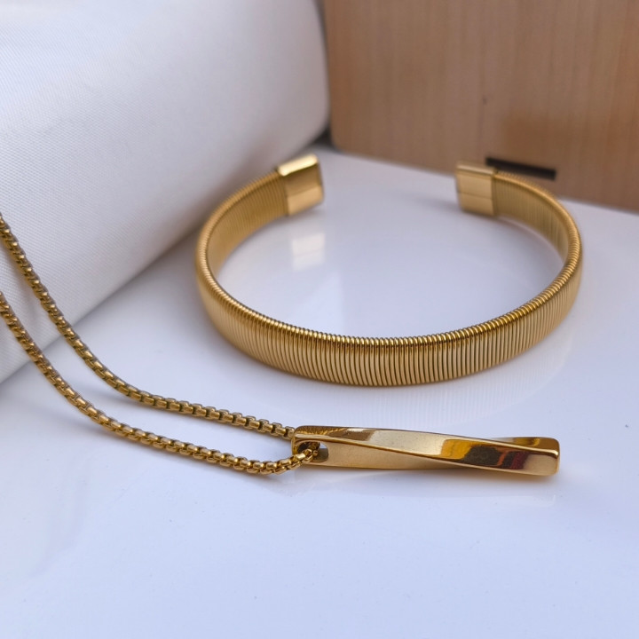 خرید گردنبند و دستبند مردانه طلایی رنگ ثابت شیک