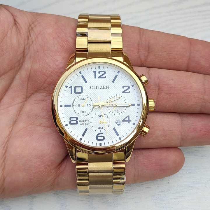 خرید ساعت سیتیزن طلایی مردانه سه موتور فعال صفحه سفید