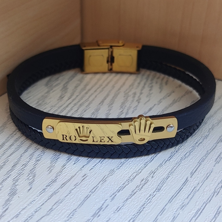 خرید دستبند پسرانه چرمی دو دور مشکی پهن رولکس