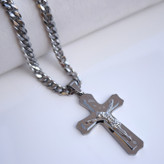 خرید پلاک صلیب نقره ای استیل رنگ ثابت همراه زنجیر کارتیر