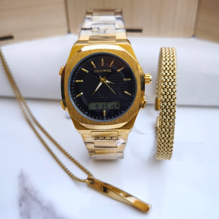 خرید ست ساعت دستبند گردنبند مردانه طلایی استیل