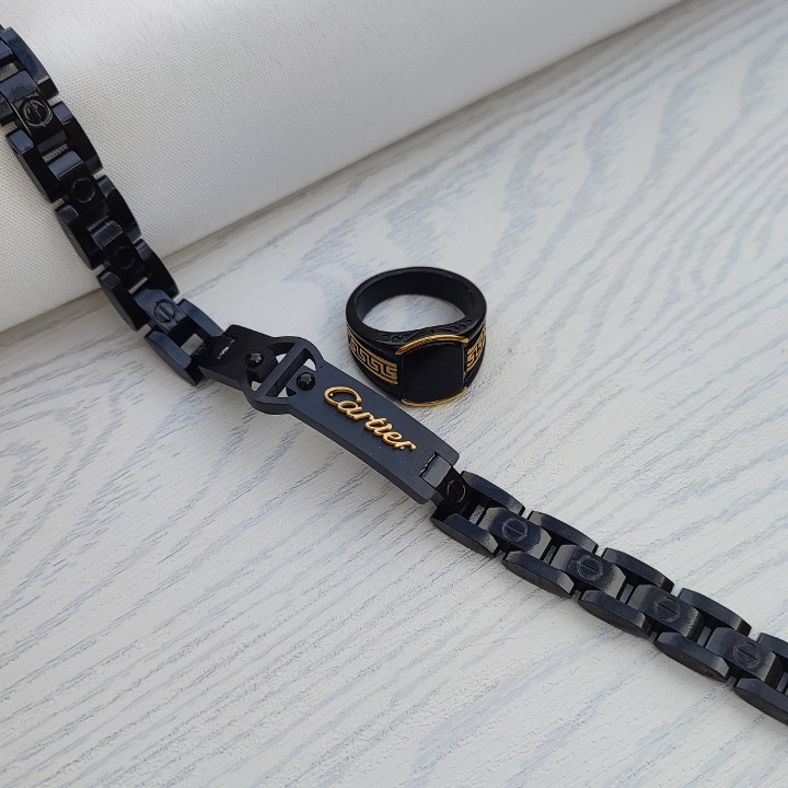 خرید ست دستبند و انگشتر مشکی رنگ ثابت استیل