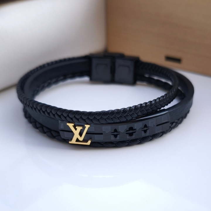 خرید دستبند چرمی پسرانه لویی ویتون سه ردیفه مشکی