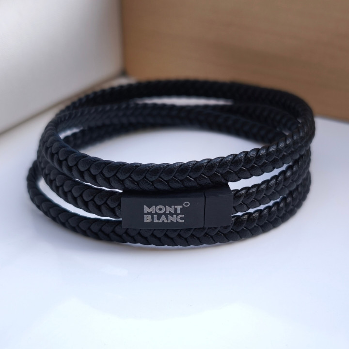 خرید دستبند چرمی پسرانه سه دور مشکی مونت بلانک