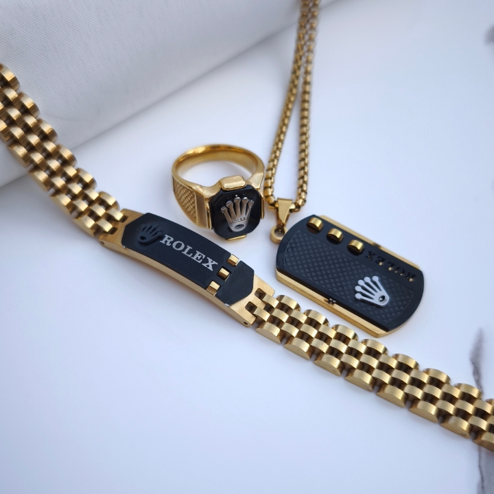 خرید ست دستبند انگشتر گردنبند مردانه رولکس استیل رنگ ثابت