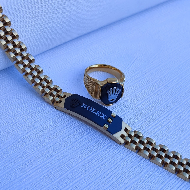 خرید ست مردانه دستبند و انگشتر رولکس طلایی استیل رنگ ثابت