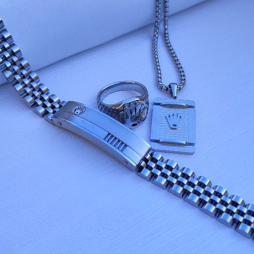 خرید ست دستبند انگشتر گردنبند مردانه رولکس نقره ای استیل رنگ ثابت