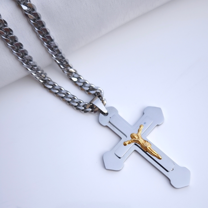 خرید گردنبند صلیب استیل دو رنگ بزرگ