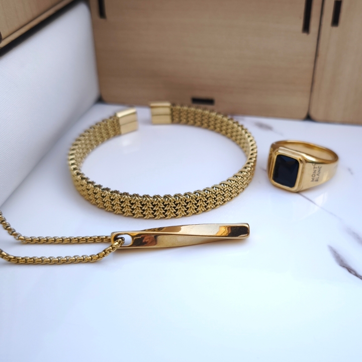 خرید ست دستبند انگشتر گردنبند مردانه طلایی استیل رنگ ثابت