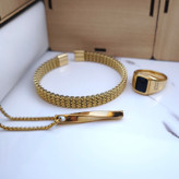 خرید ست دستبند انگشتر گردنبند مردانه طلایی استیل رنگ ثابت