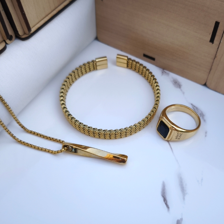 خرید ست بنگل دستبند گردنبند مردانه استیل طلایی رنگ ثابت