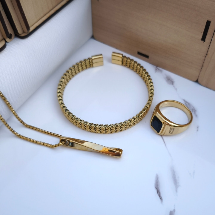 خرید ست بنگل دستبند گردنبند مردانه استیل طلایی رنگ ثابت