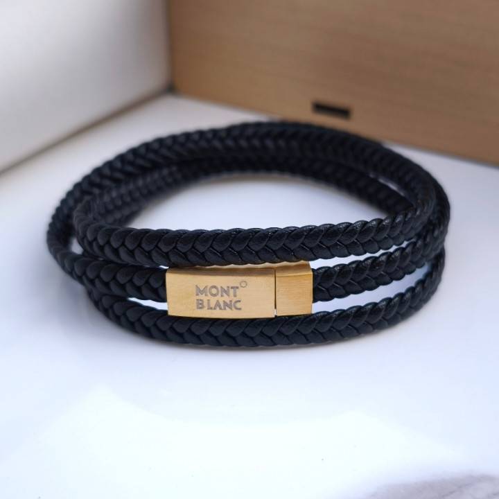 خرید دستبند چرمی پسرانه مشکی سه دور قفل مگنتی مون بلان