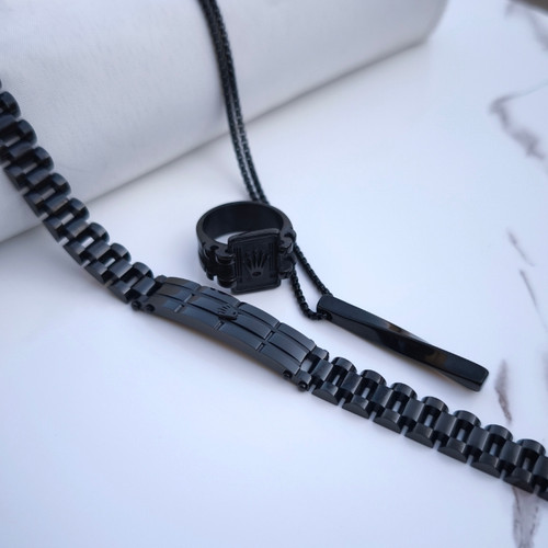 خرید ست دستبند گردنبند انگشتر مردانه مشکی استیل رنگ ثابت رولکس