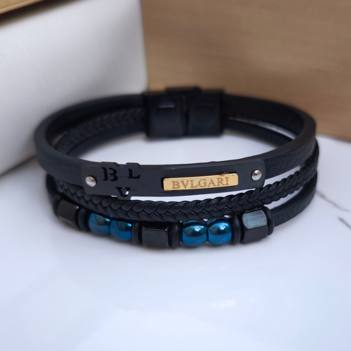 خرید دستبند چرمی سه دور مشکی مردانه بولگاری قیمت مناسب