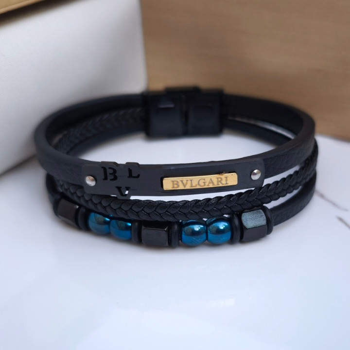 خرید دستبند چرمی سه دور مشکی مردانه بولگاری قیمت مناسب