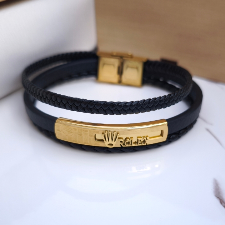 خرید دستبند مردانه چرمی رولکس چند ردیفه مشکی