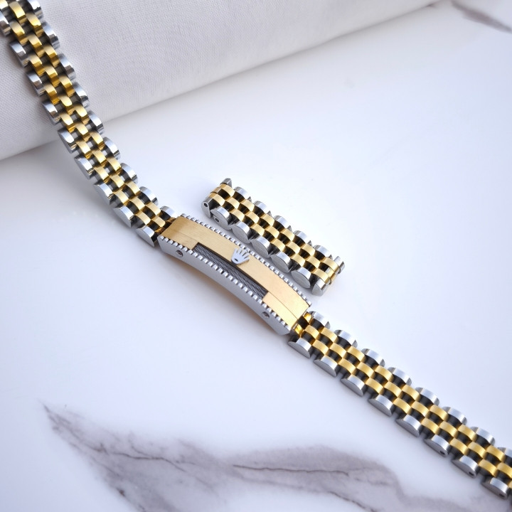 خرید دستبند مردانه دو رنگ استیل رولکس رنگ ثابت مناسب کادو