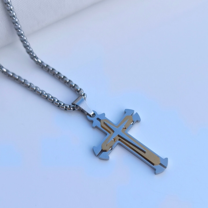 خرید گردنبند صلیب مردانه استیل رنگ ثابت همراه زنجیر ویتالی