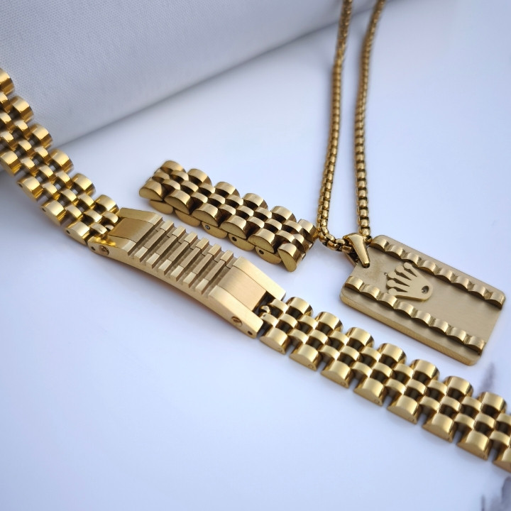 خرید ست انگشتر دستبند گردنبند رولکس طلایی مردانه رنگ ثابت شیک