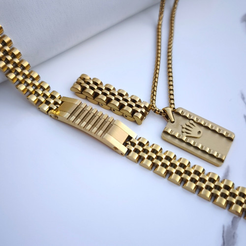 خرید ست دستبند گردنبند انگشتر مردانه طلایی رولکس استیل رنگ ثابت