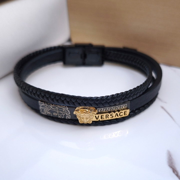 خرید دستبند چرمی ورساچه سه دور مردانه مشکی شیک