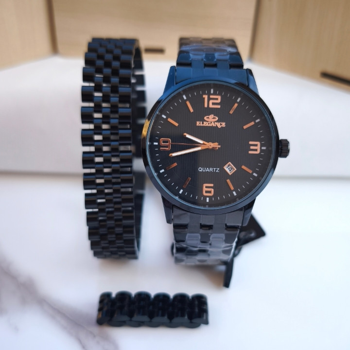 خرید ست ساعت دستبند انگشتر مردانه مشکی شیک استیل رنگ ثابت