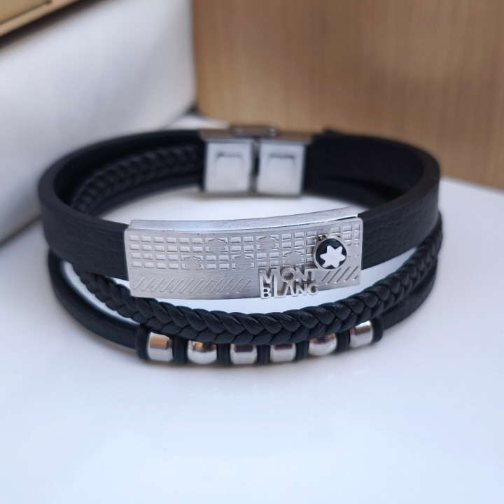 خرید دستبند چرمی مردانه مونتبلانک مشکی پهن