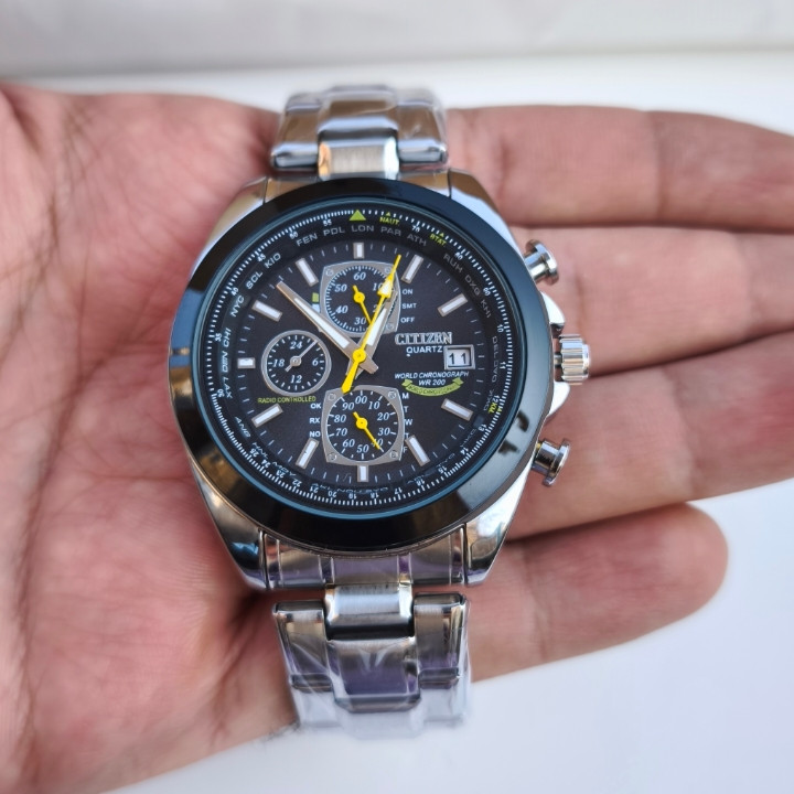 خرید ساعت مردانه سه موتور فعال کرنوگراف سیتیزن نقره ای استیل ارزان شیک