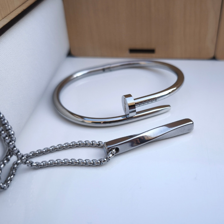 خرید ست گردنبند و بنگل میخی استیل رنگ ثابت شیک ارزان