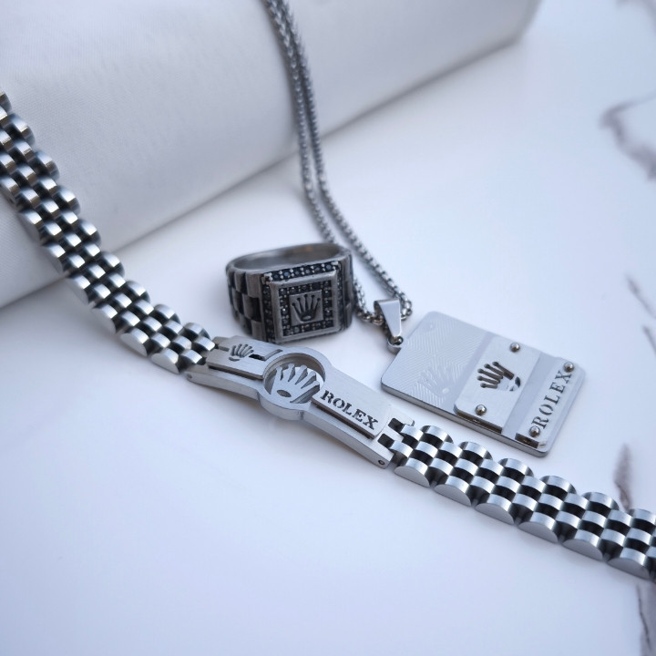 خرید ست دستبند گردنبند انگشتر مردانه نقره ای رولکس ارزان شیک