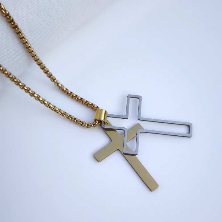 خرید گردنبند صلیب دو تیکه طلایی نقره ای استیل رنگ ثابت شیک