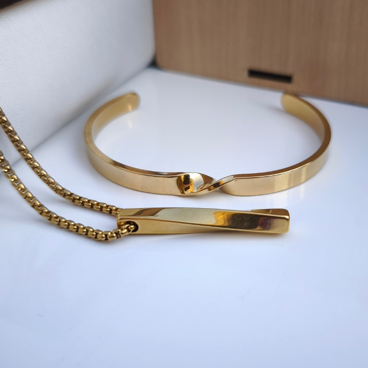 خرید ست بنگل و گردنبند طرح پیچ طلایی مردانه استیل رنگ ثابت شیک ارزان