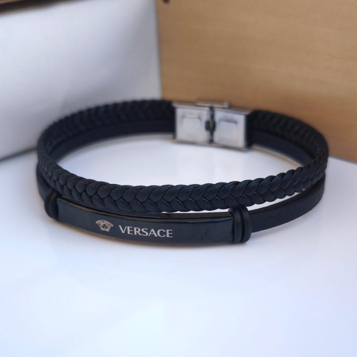 خرید دستبند مردانه چرمی دو ردیفه ورساچه مشکی قیمت مناسب