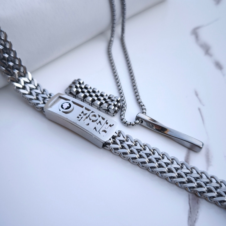 خرید ست دستبند انگشتر گردنبند مردانه مونتبلانک استیل رنگ ثابت شیک ارزان