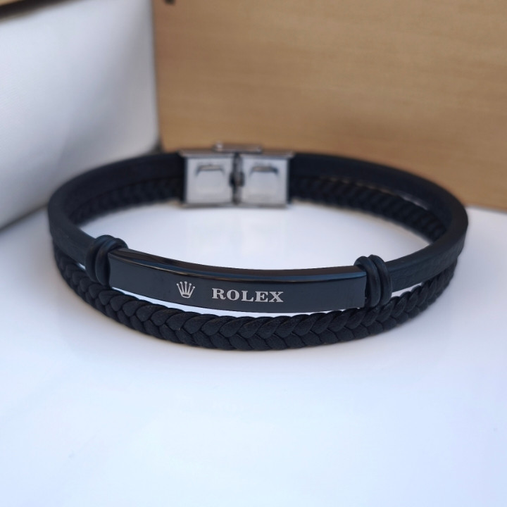 خرید دستبند چرمی مردانه رولکس مشکی دو دور شیک ارزان