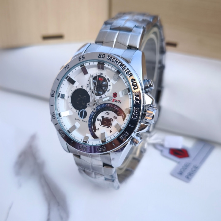 خرید ساعت مردانه عقربه ای دیجیتالی استیل نقره ای شیک ارزان مناسب هدیه Kademan