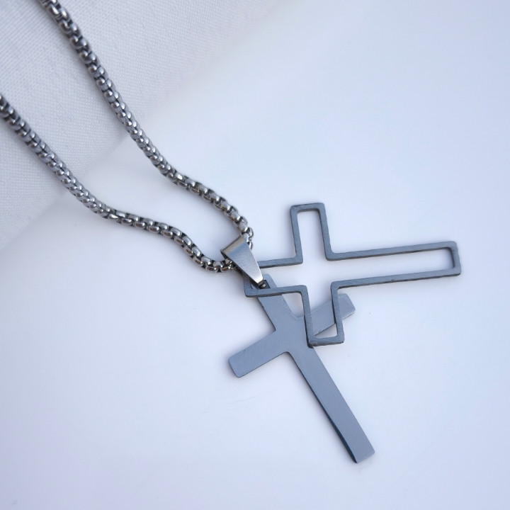 خرید پلاک صلیب مردانه نقره ای استیل رنگ ثابت ارزان شیک