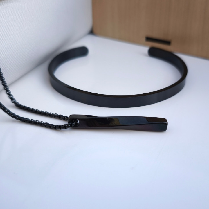 خرید ست بنگل گردنبند مشکی پسرانه استیل رنگ ثابت شیک ارزان