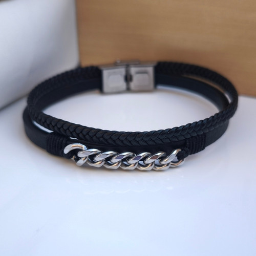 خرید دستبند کارتیر مردانه چرمی دو دور مشکی شیک ارزان