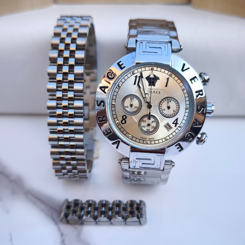 خرید ست ساعت دستبند انگشتر مردانه ورساچه نقره ای استیل رنگ ثابت شیک ارزان