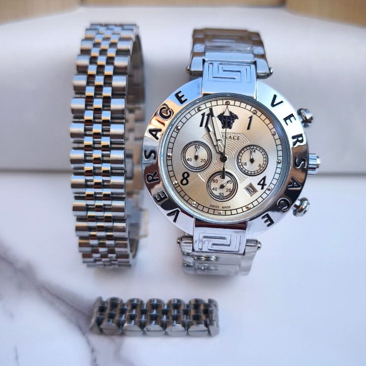 خرید ست ساعت دستبند انگشتر مردانه ورساچه نقره ای استیل رنگ ثابت شیک ارزان