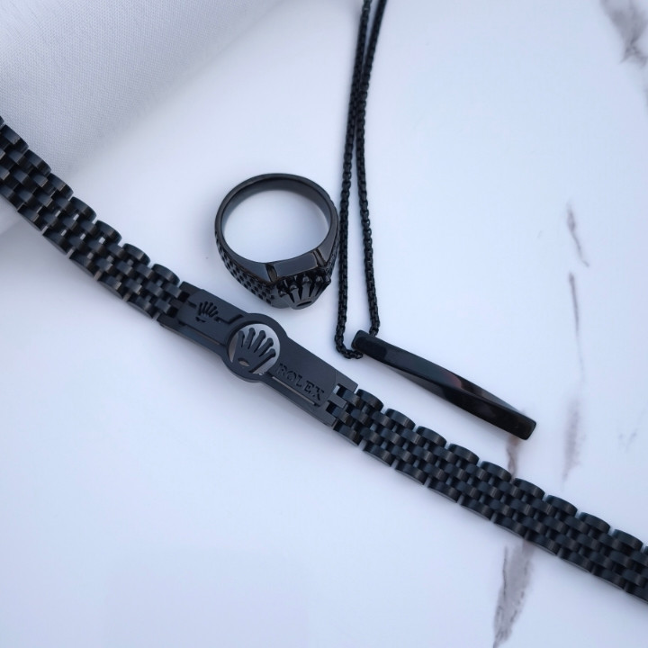 خرید ست گردنبند دستبند مردانه رولکس مشکی استیل رنگ ثابت شیک